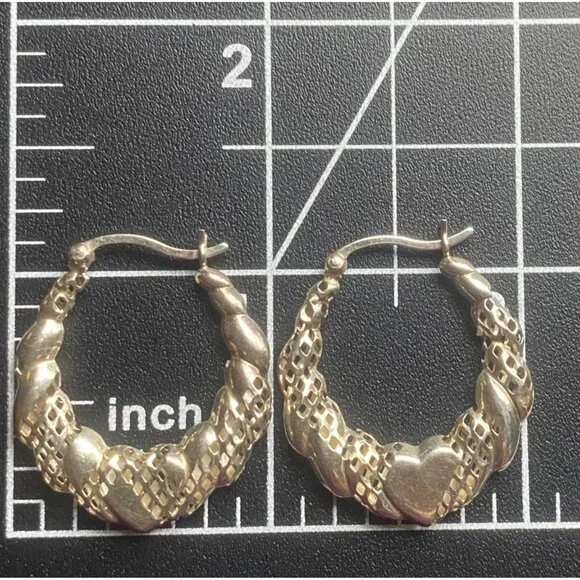 Sterling Silver 925 Heart Hoop Earrings Textured Diamond Cut Thailand 1" 2.62g - Picture 7 of 9